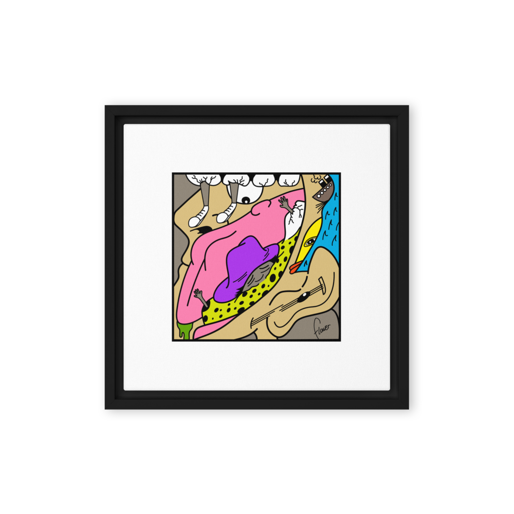 Framed Canvas with Purple Hat Illustration by Flower